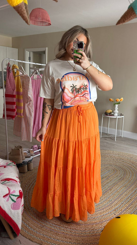 Orange Tiered Maxi Skirt