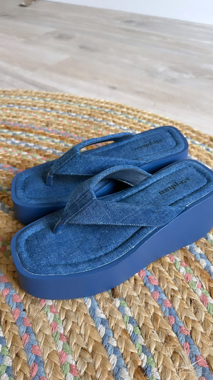 Denim Wedge Thong Sandals