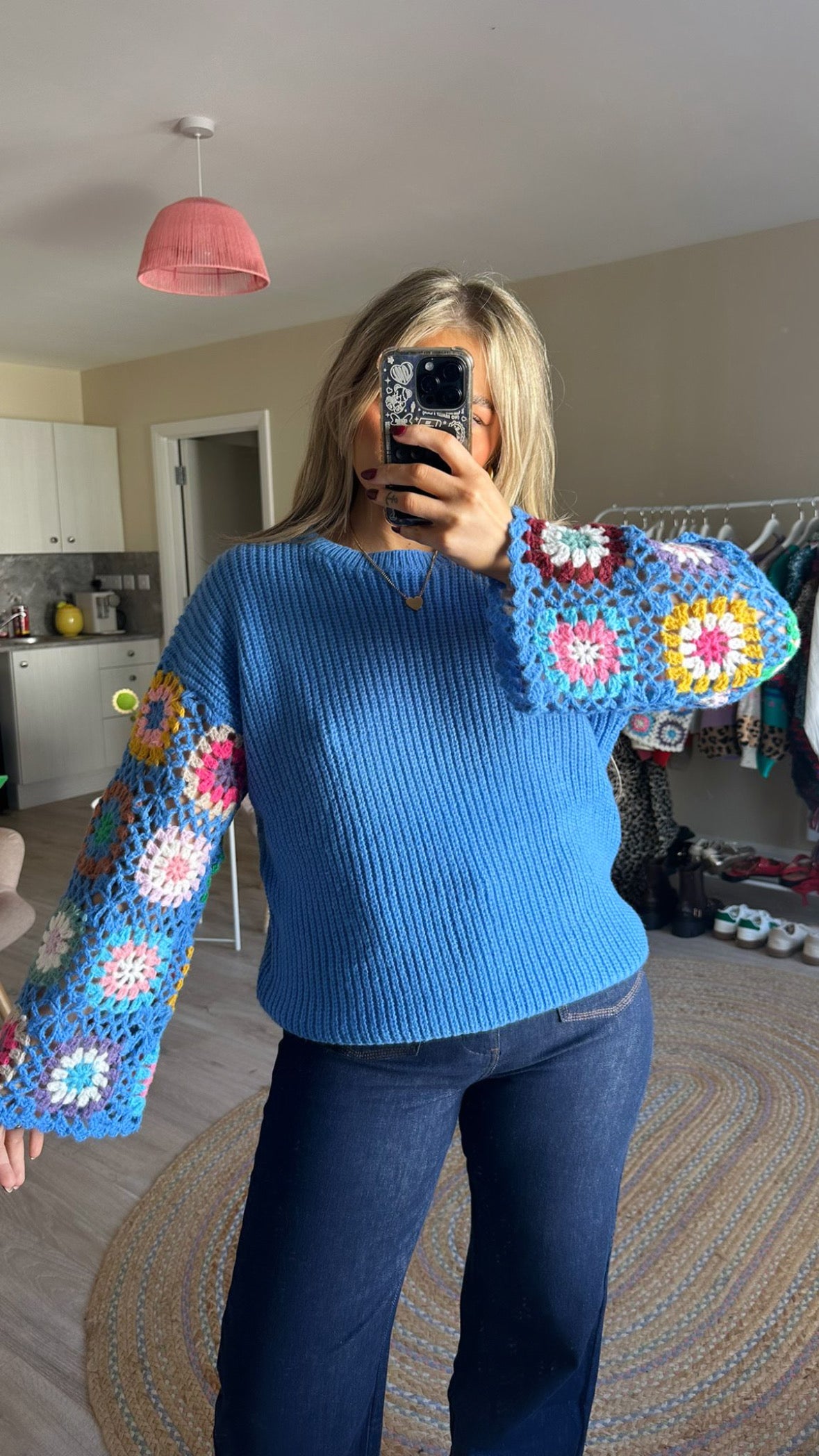 Crochet Sleeve Knit Jumper In Blue