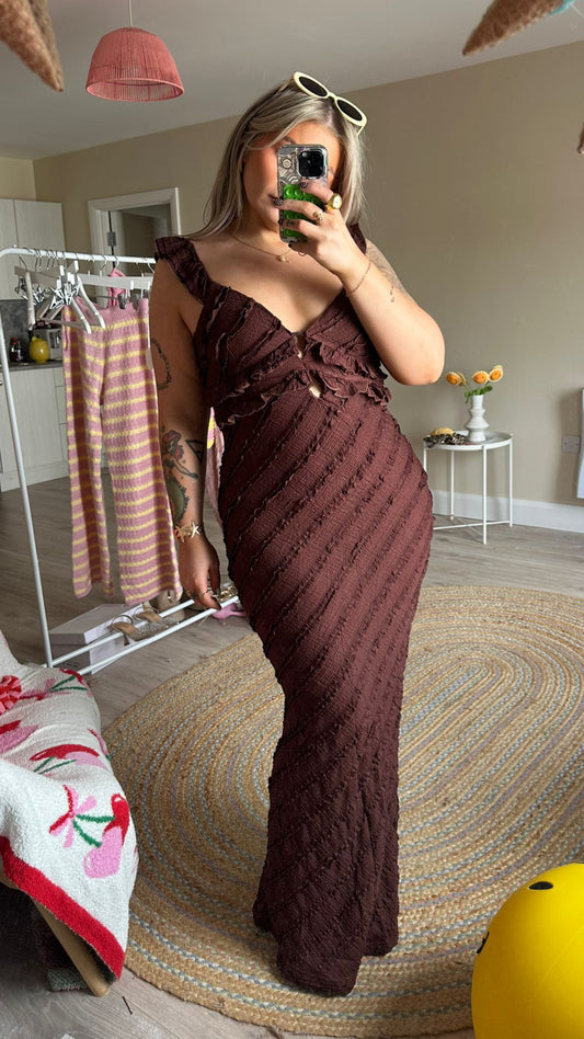 Frill Neck Maxi Dress - Brown