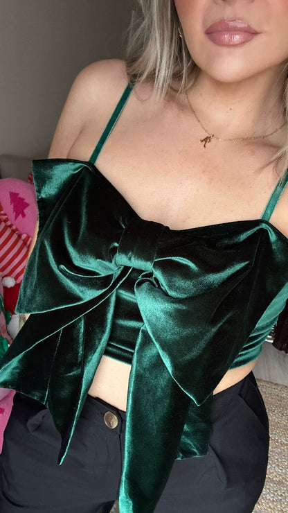 Velvet Bow Top - Emerald Green