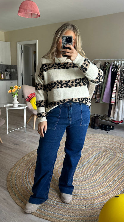 Super Soft Stripe Leopard Print Jumper