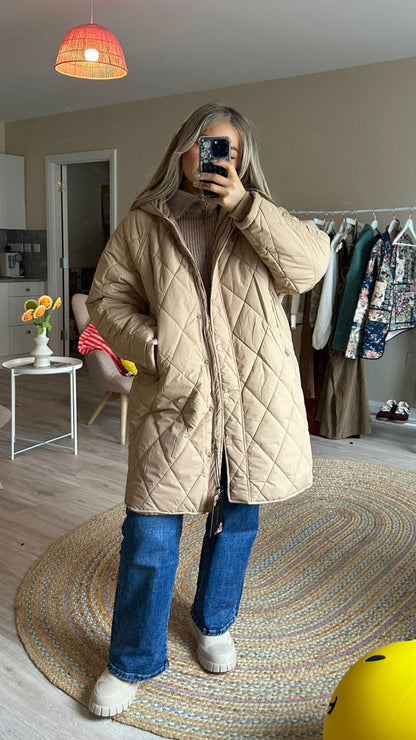 Longline Hooded Puffer Coat In Beige