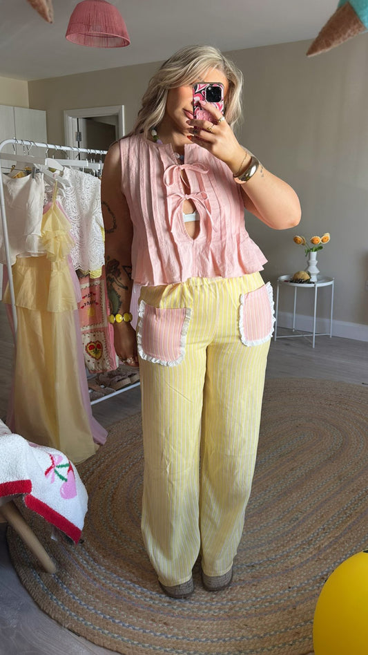 Frill Pocket Stripe Trousers - Yellow