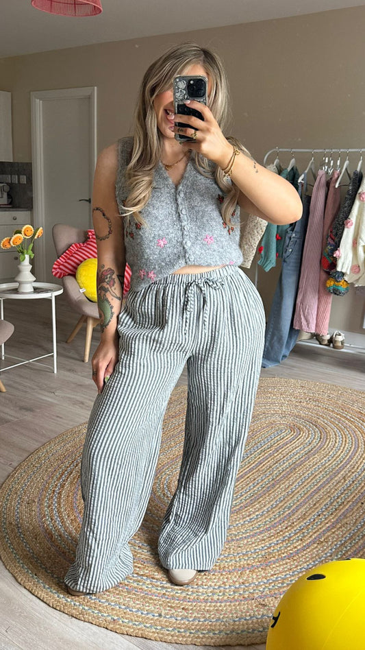 Stripe Elasticated Waist Trousers In Grey