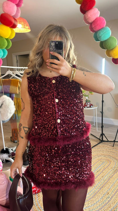 Burgundy Sequin Co-Ord with Feather Trim