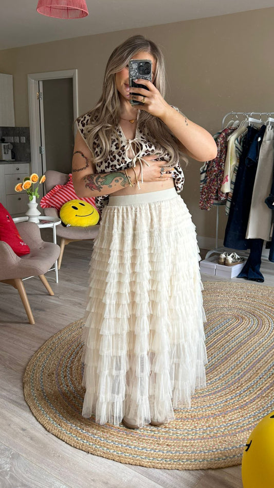 Cream Tulle Tiered Maxi Skirt