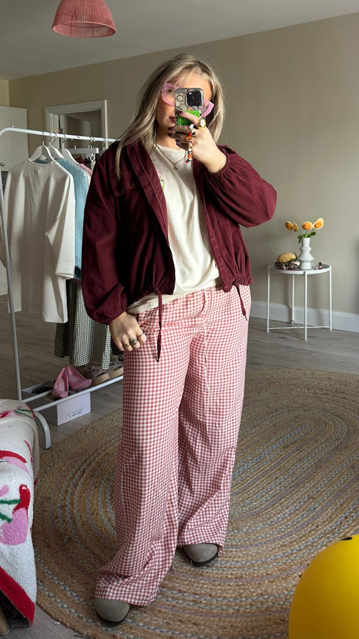 Gingham Pull On Trousers - Pink
