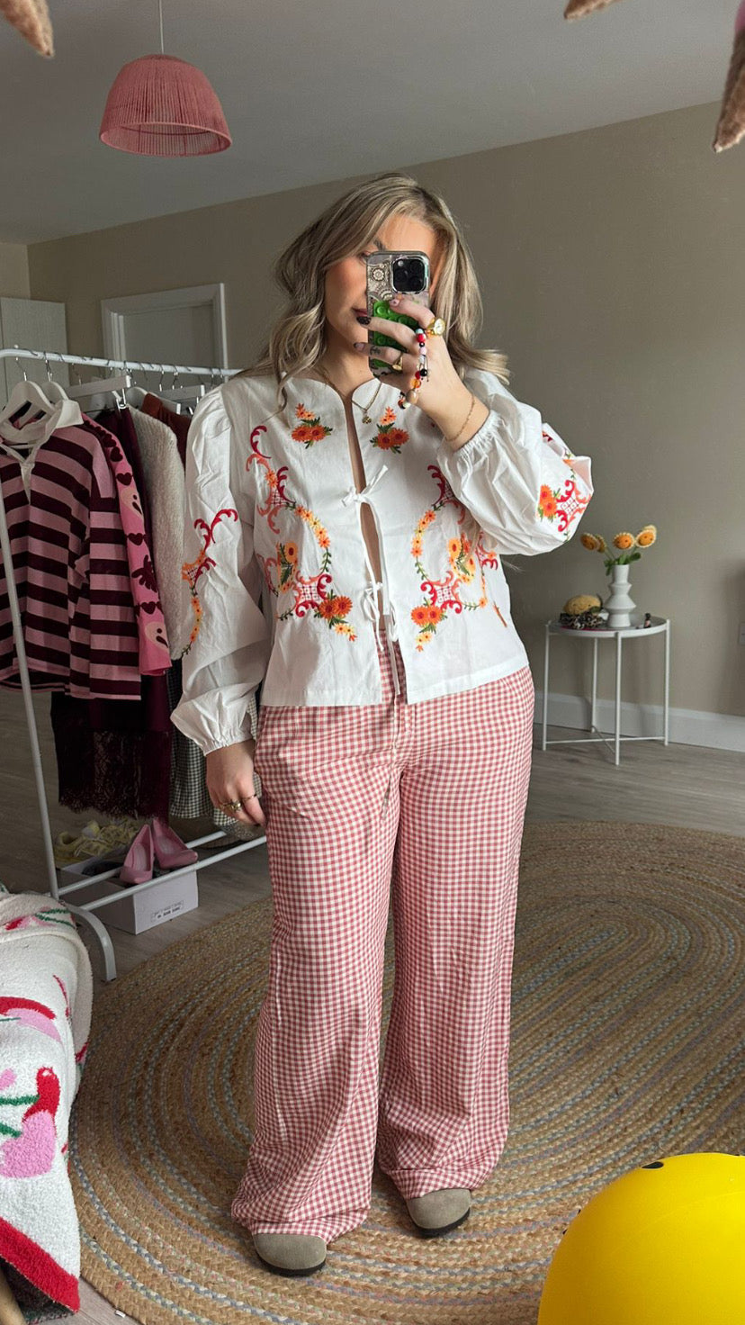 Embroidered Tie Front Blouse