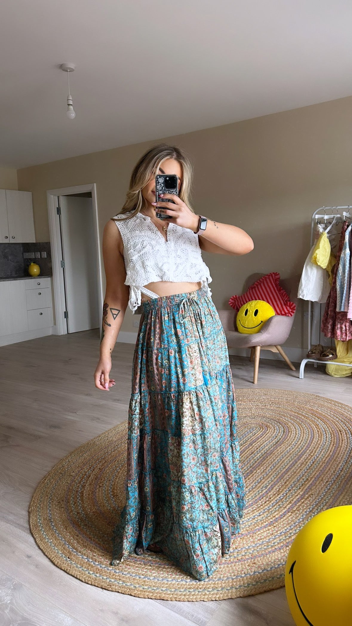 Blue Floral Print Maxi Skirt