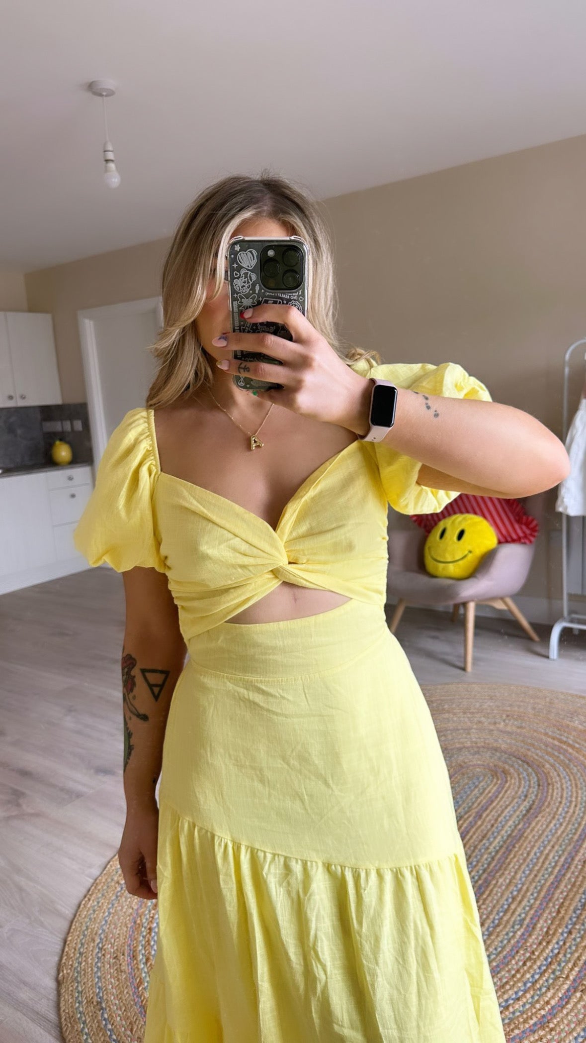 Yellow Linen Style Cut Out Midi Dress