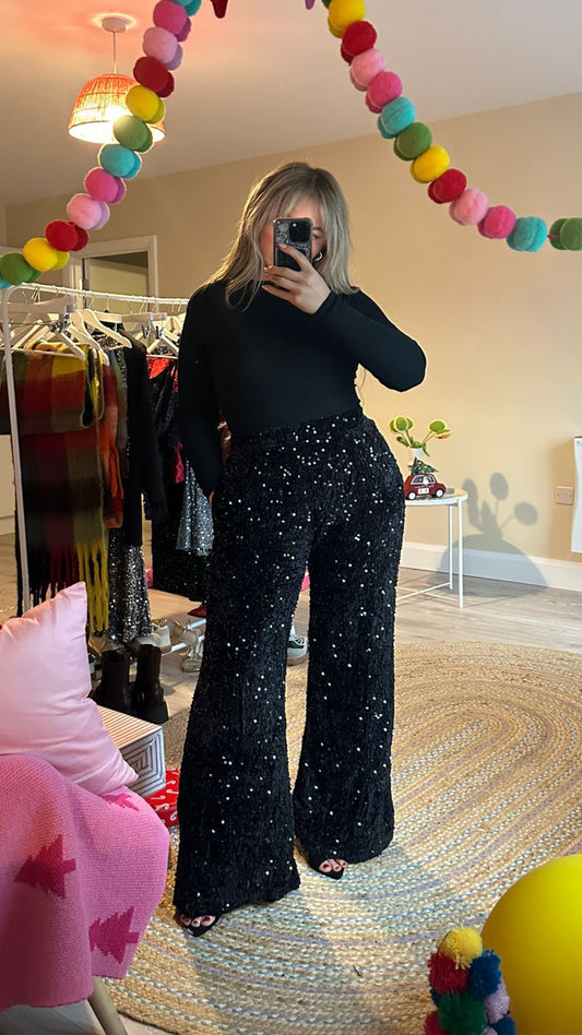 Black Sequin Velvet Base Wide Leg Flares