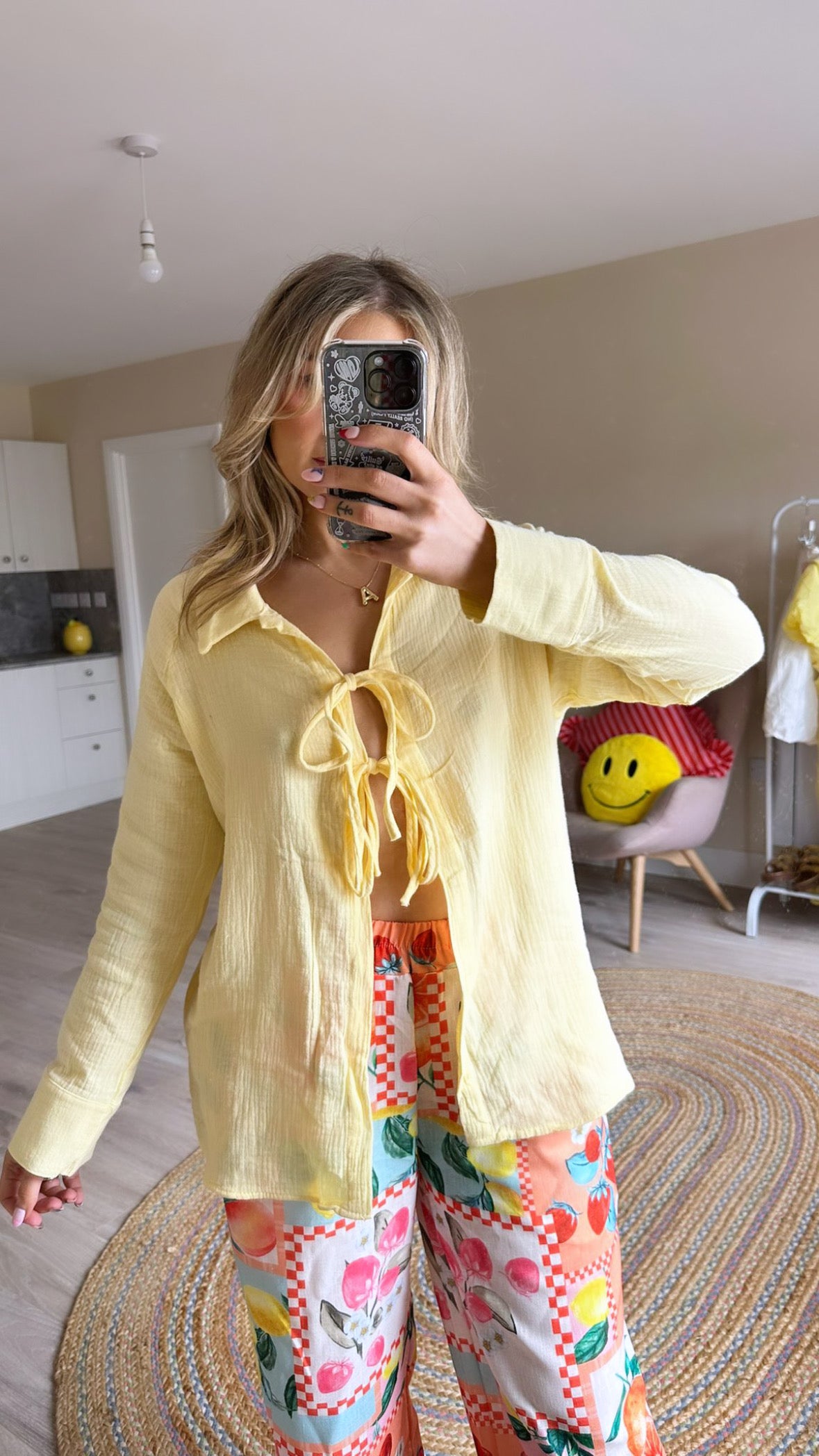 Long Sleeve Lightweight Tie Blouse - Butter Yellow