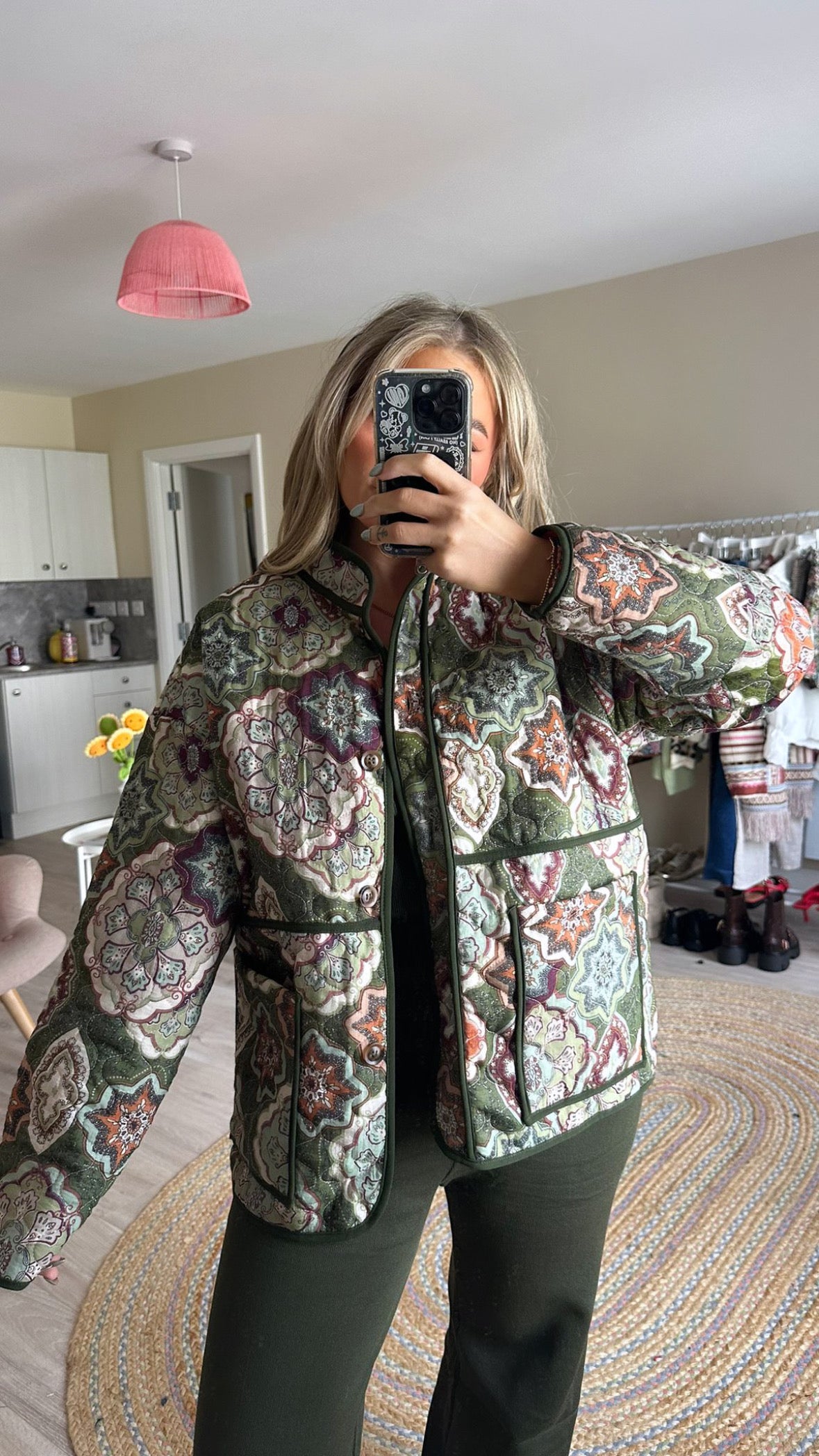 Quilted Mosaic Print Jacket in Khaki