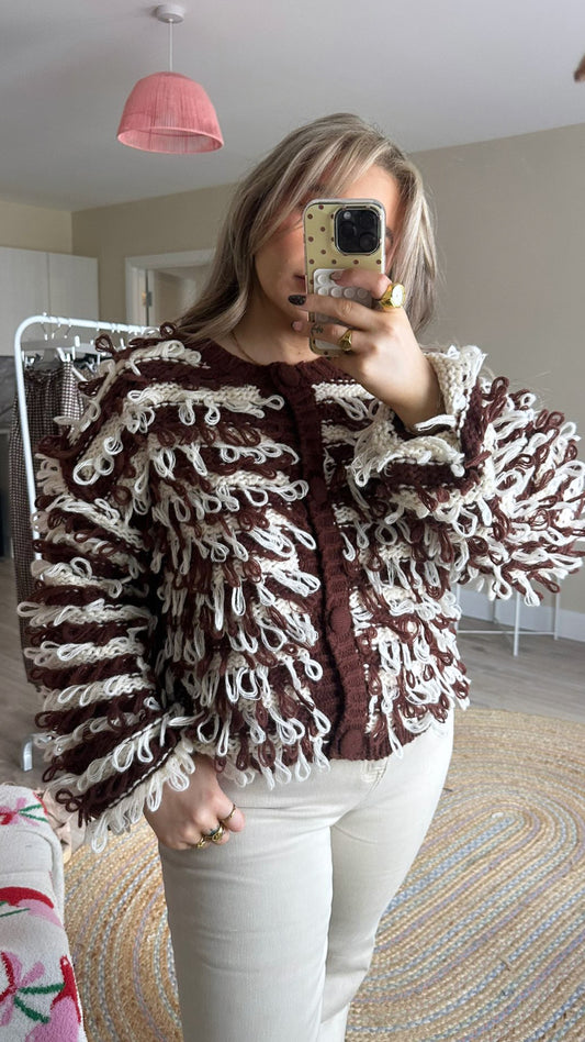 Contrast Loop Knit Cardigan - Brown