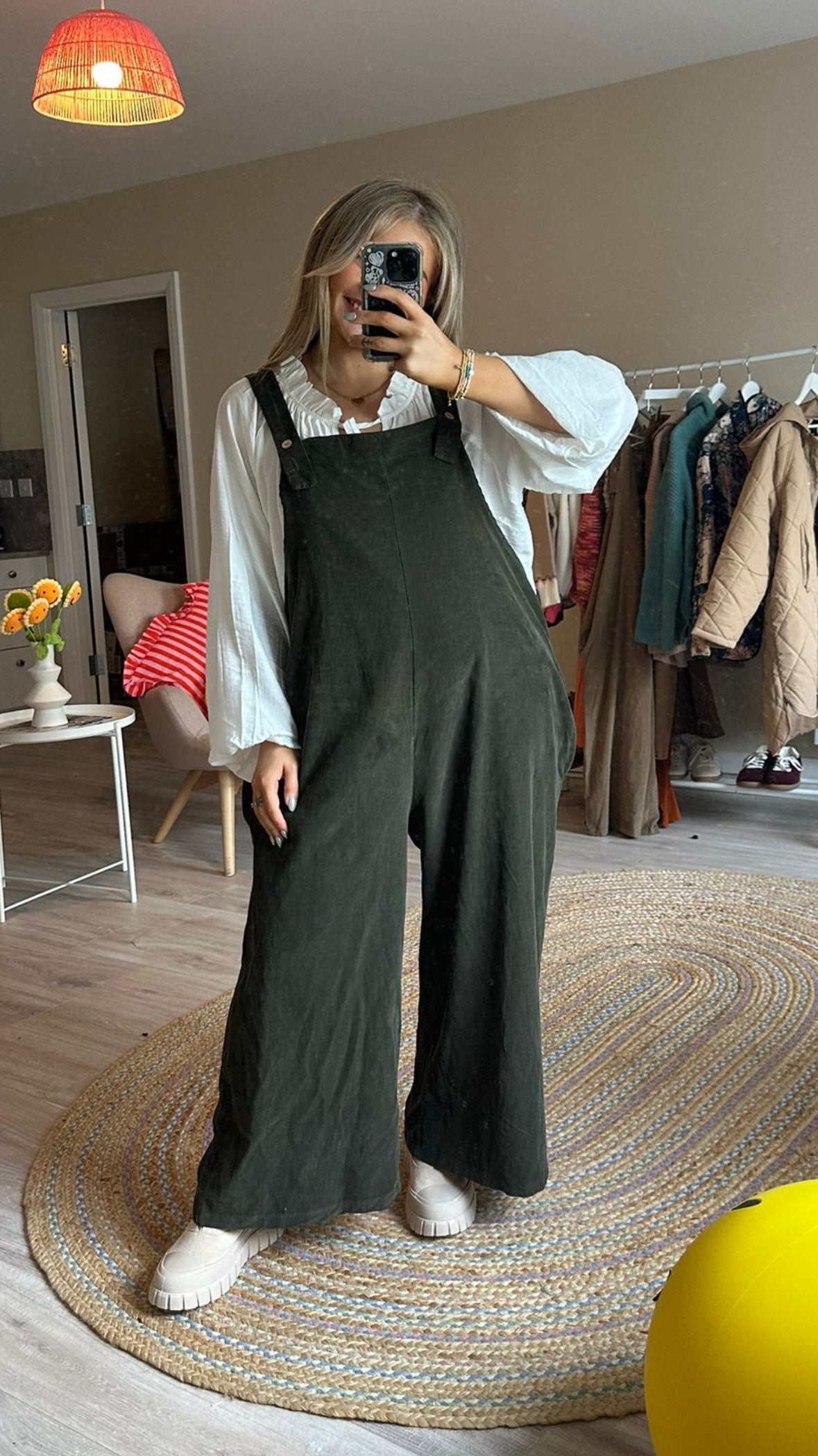 Oversized Cord Dungarees In Evergreen