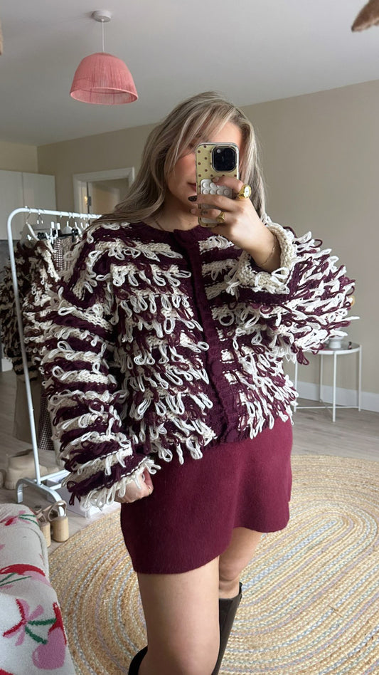 Contrast Loop Knit Cardigan - Burgundy