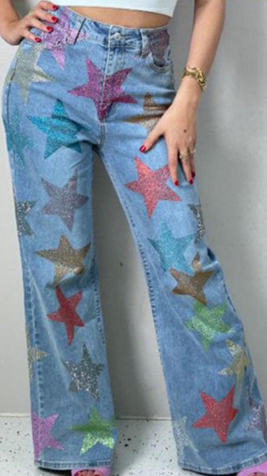 Embellished Star Flare Denim Jeans