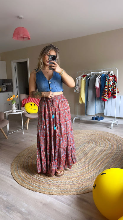 Red and Blue Paisley Print Maxi Skirt