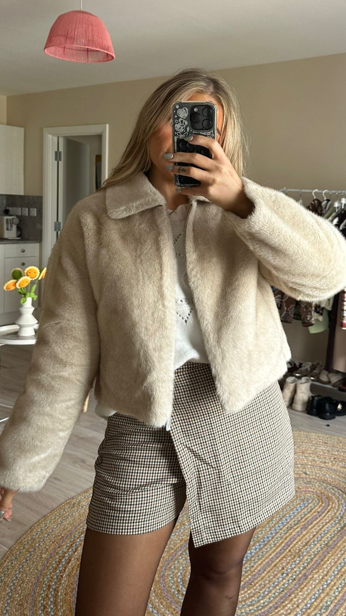 Faux Fur Crop Jacket in Beige