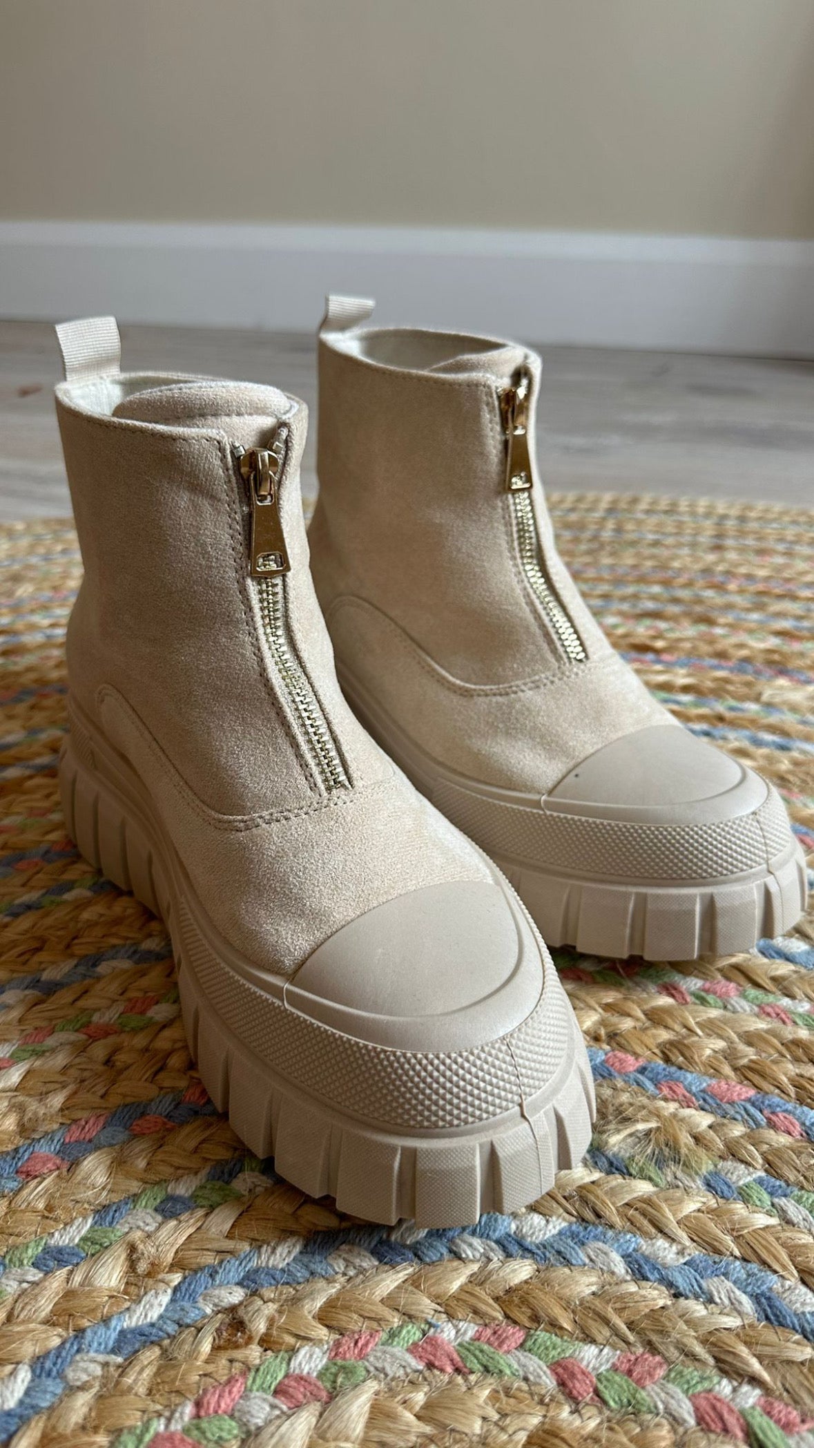 Suede Zip Front Boots In Beige