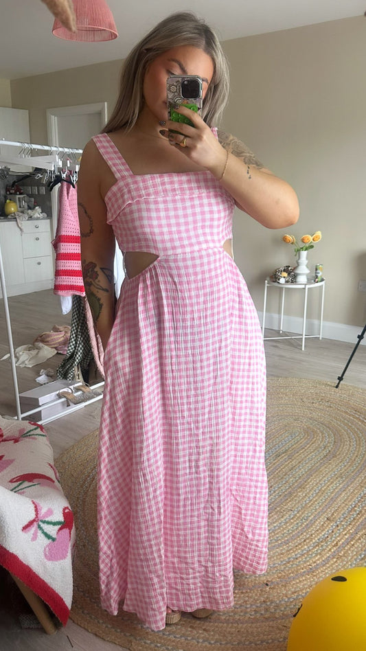 Gingham Tie Back Midi Dress - Pink