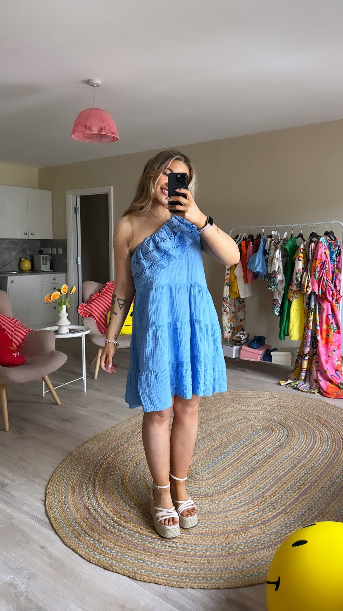 Blue Cheesecloth One Shoulder Mini Dress