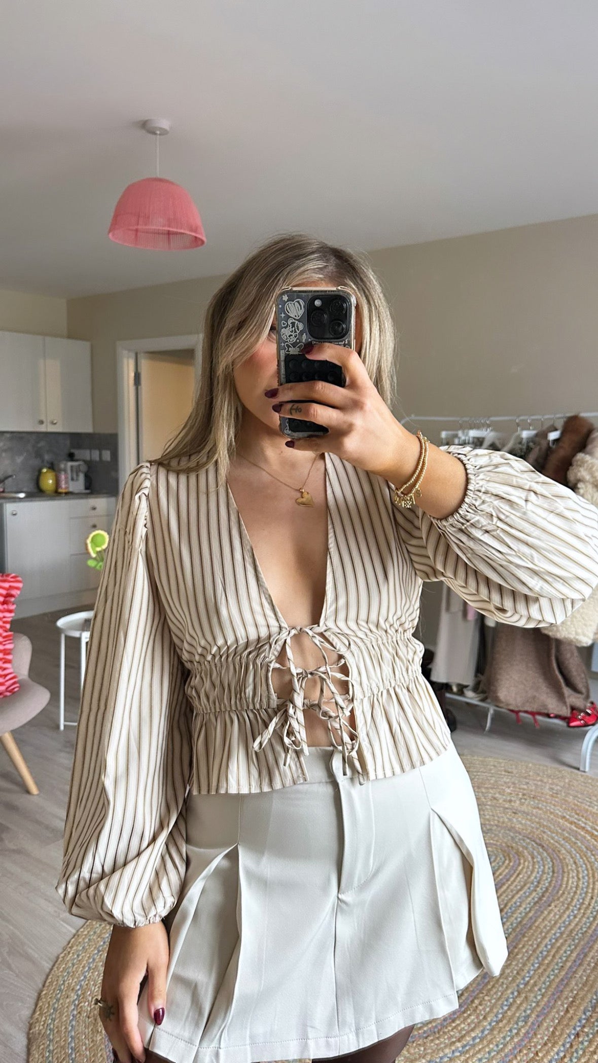 Beige Stripe Tie Front Blouse