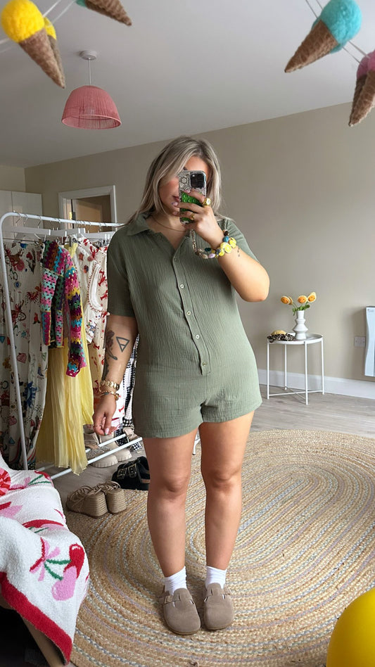 Khaki Cheesecloth Playsuit