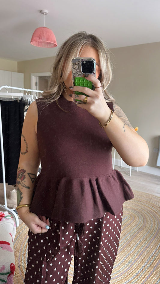 Soft Knit Peplum Top - Brown