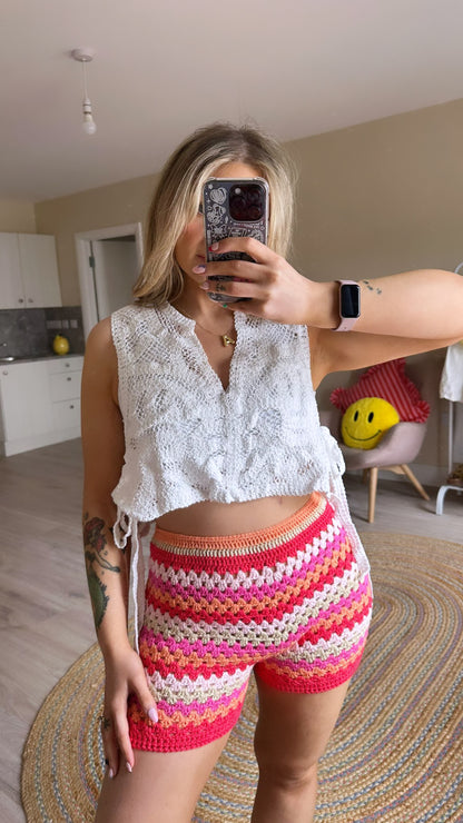 White Crochet Tie Side Top