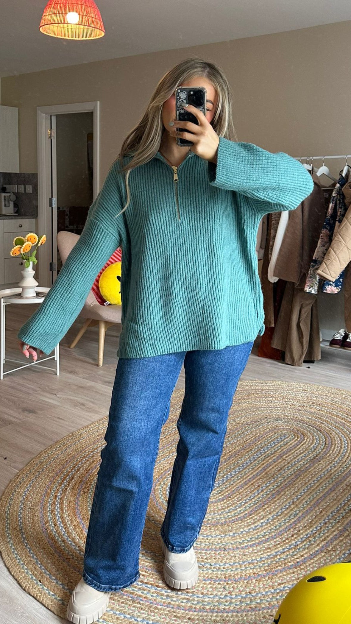 Half Zip Oversized Jumper In Teal