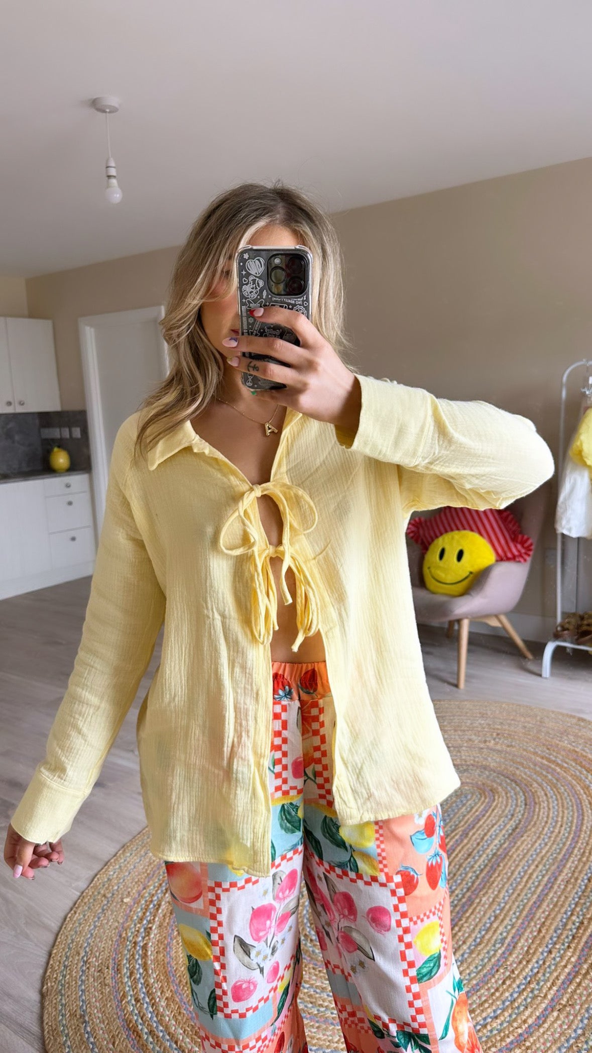 Long Sleeve Lightweight Tie Blouse - Butter Yellow