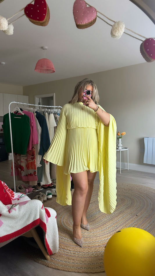 Pleated Wing Sleeve Dress - Yellow