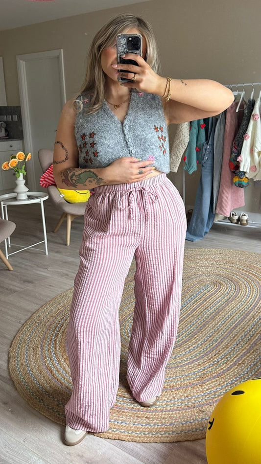 Stripe Elasticated Waist Trousers In Pink