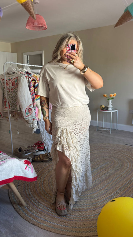 Oversized Tee and Lace Skirt Co-Ord -Beige