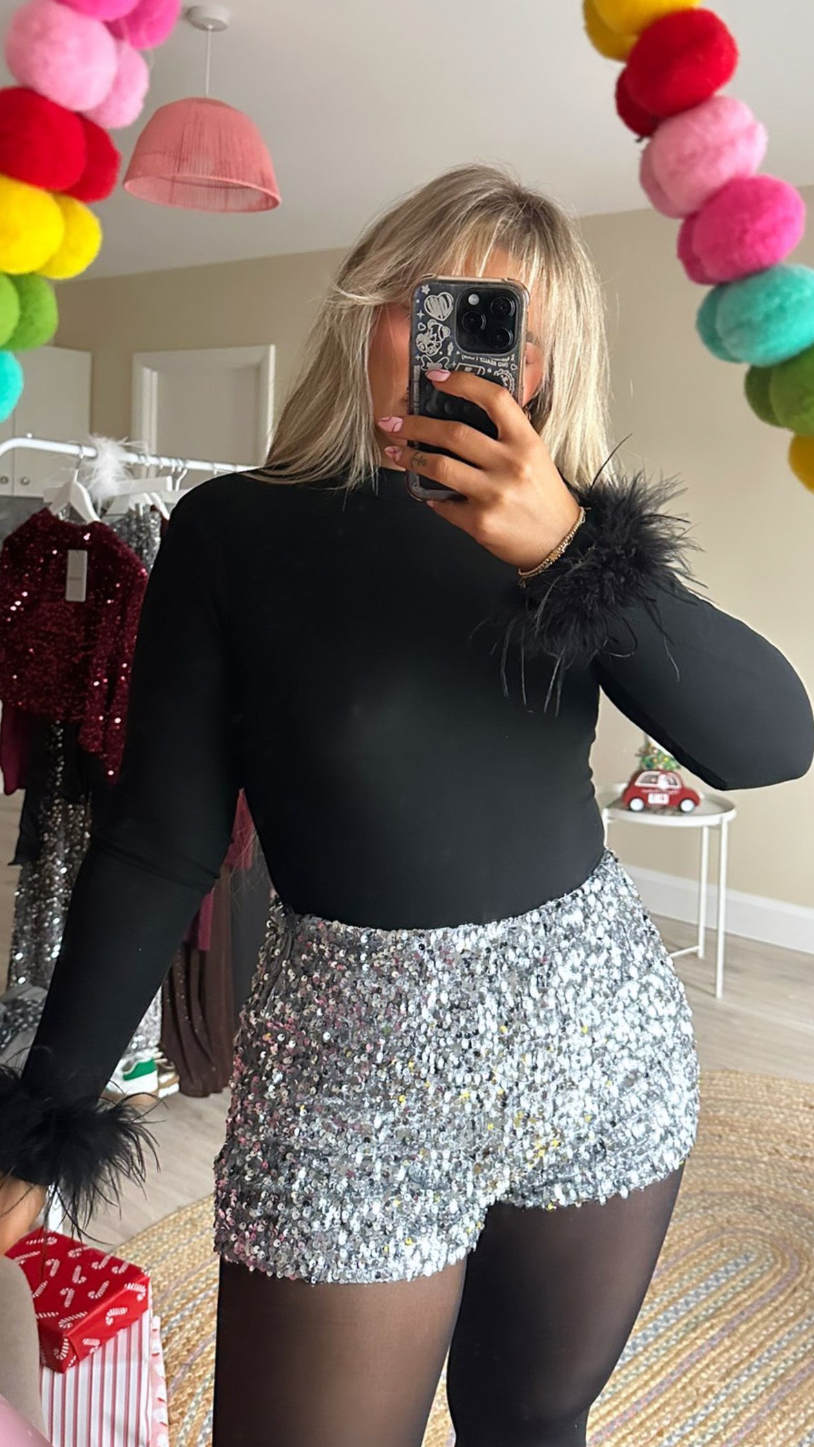 Silver Sequin Mini Shorts