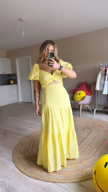 Yellow Linen Style Cut Out Midi Dress