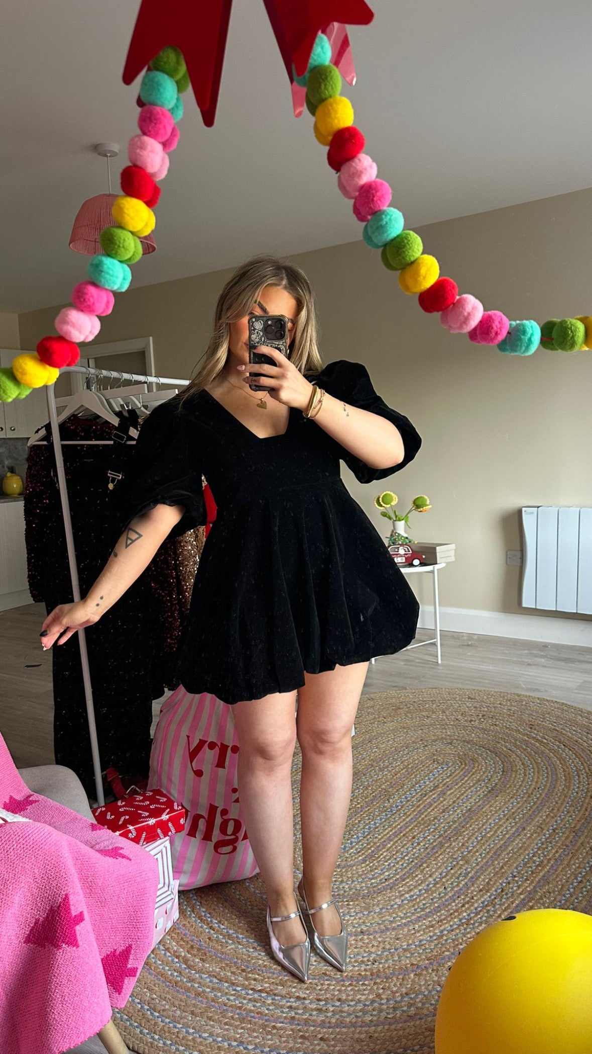 Black Velvet Puffball Mini Dress