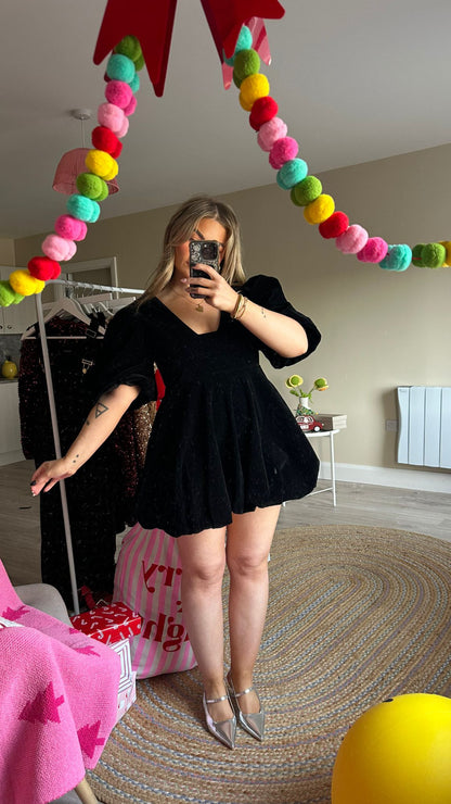 Black Velvet Puffball Mini Dress