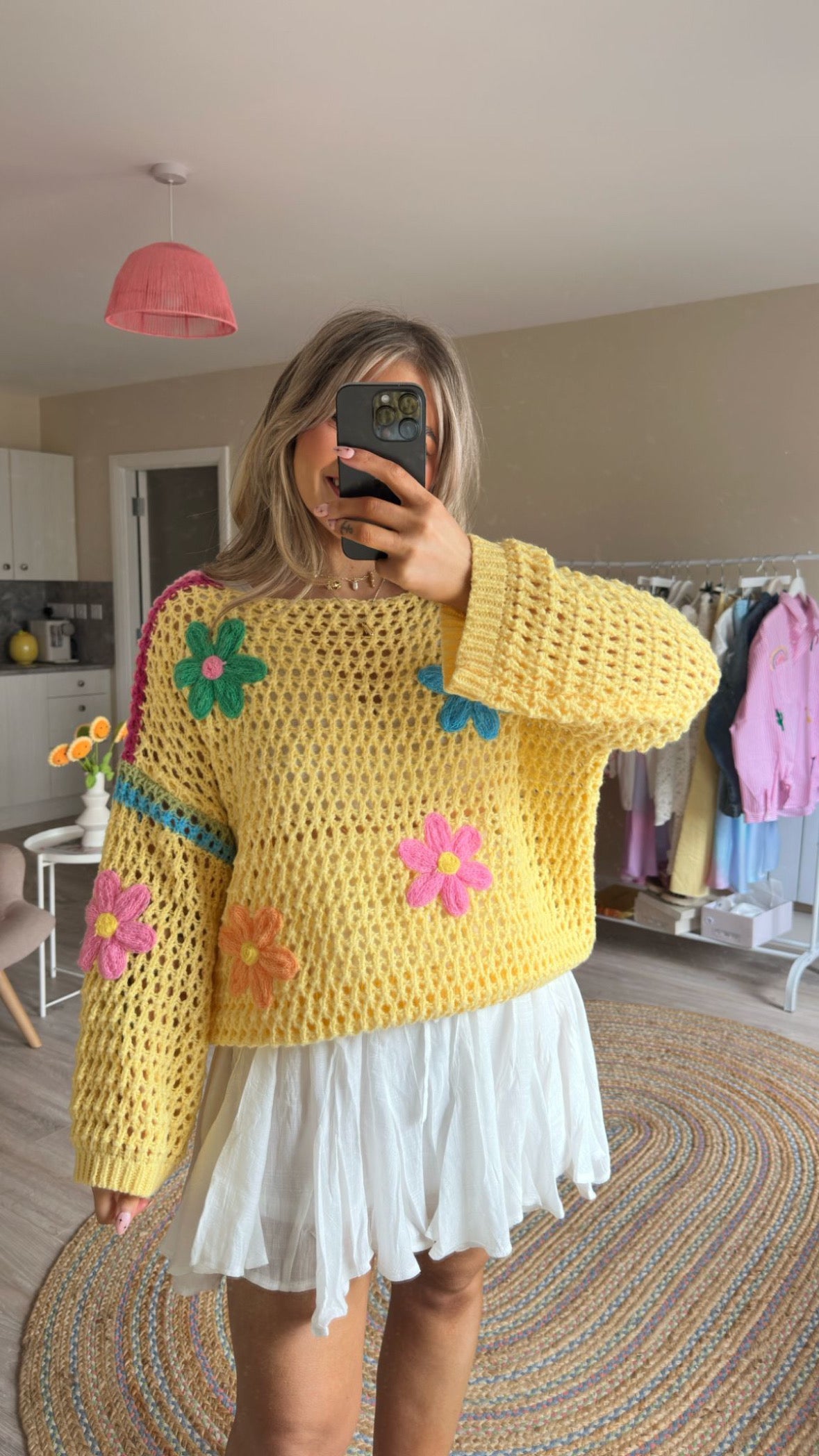 Floral Open Knitted Oversized Jumper in Yellow