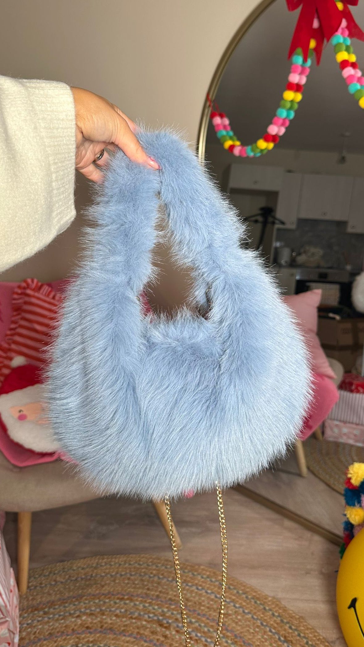 Faux Fur Bag with Detachable Strap - Baby Blue