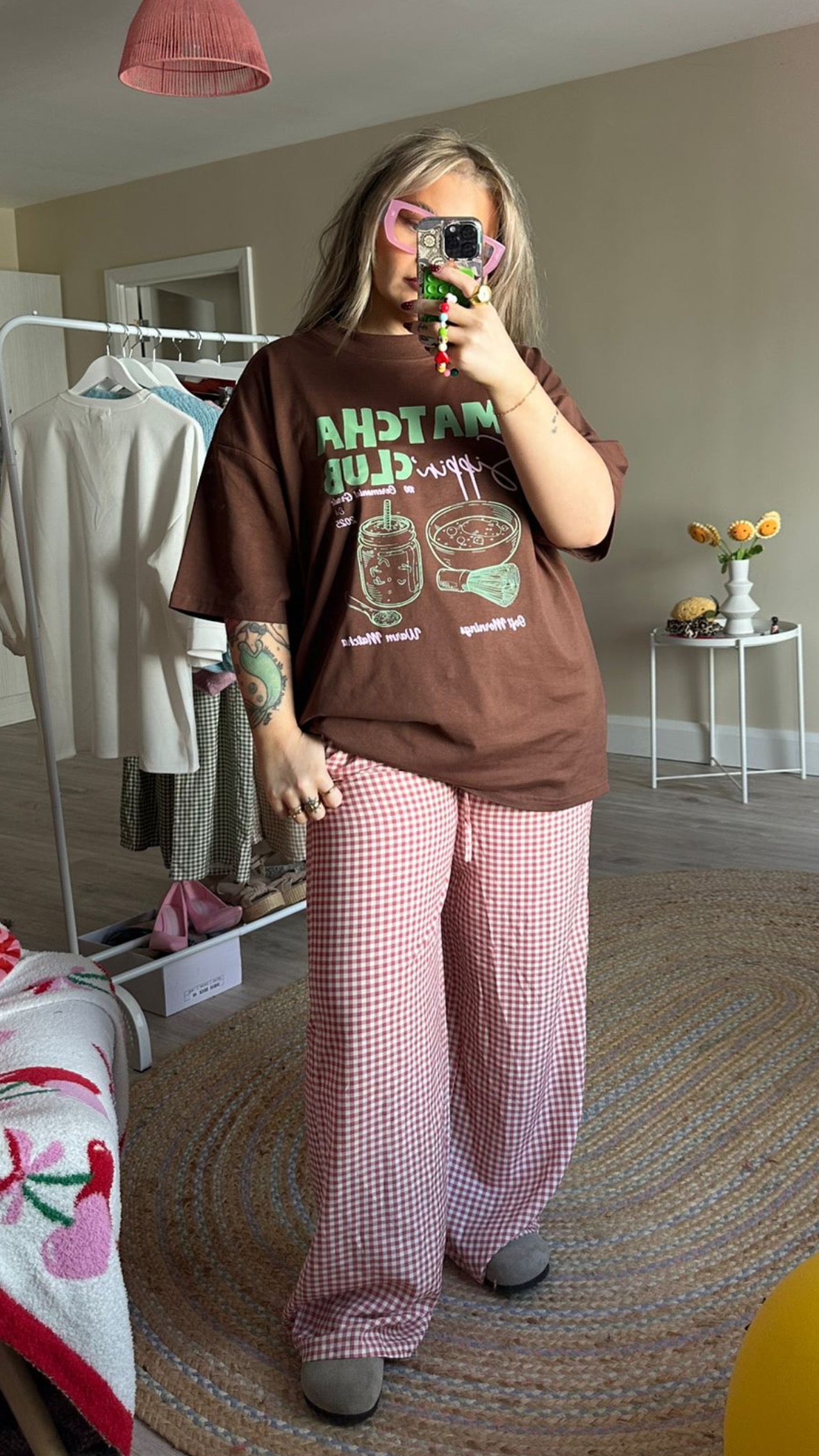 Gingham Pull On Trousers - Pink