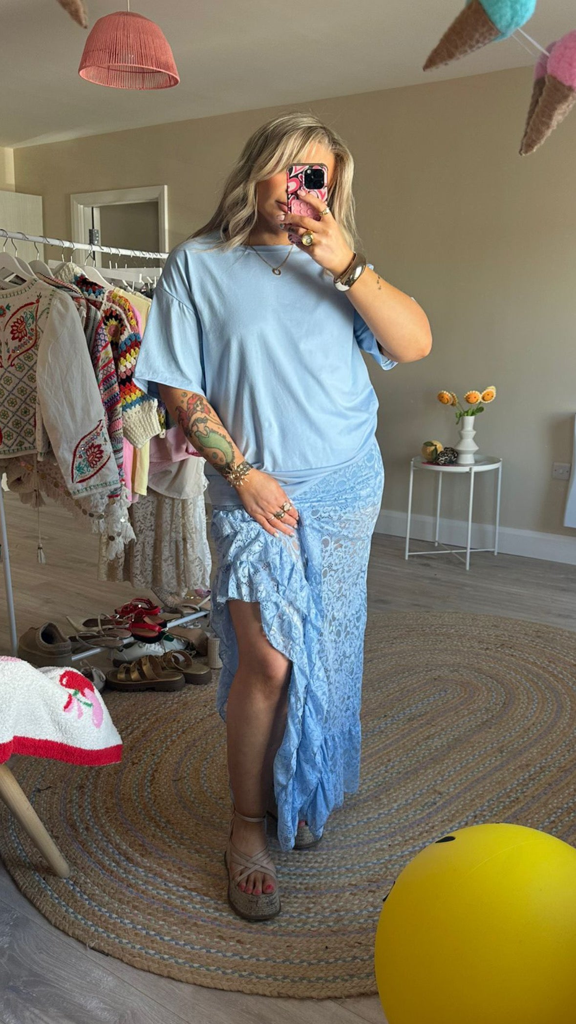 Oversized Tee and Lace Skirt Co-Ord - Blue