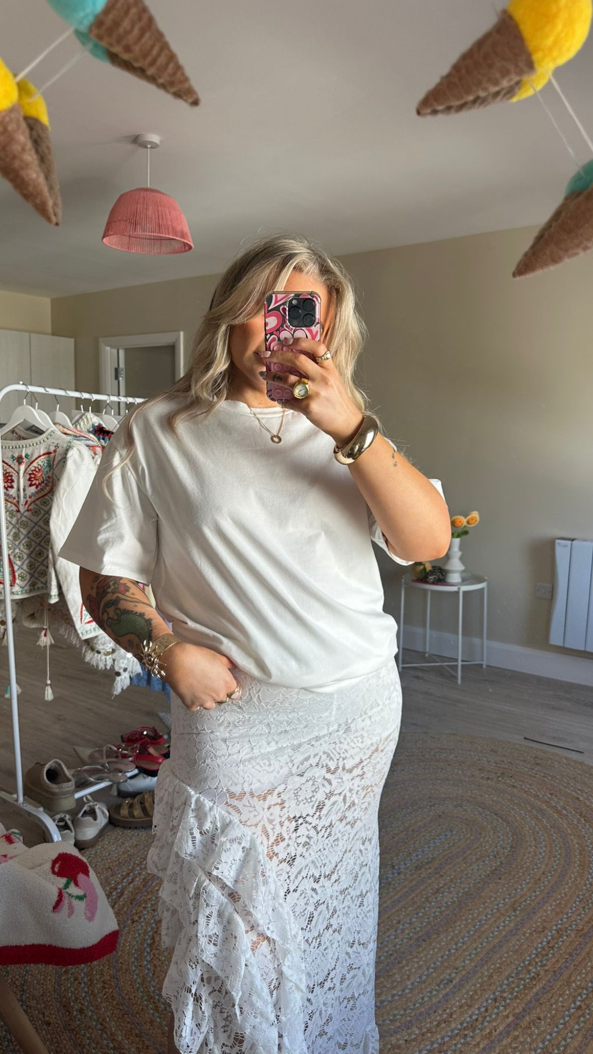 Oversized Tee and Lace Skirt Co-Ord - White