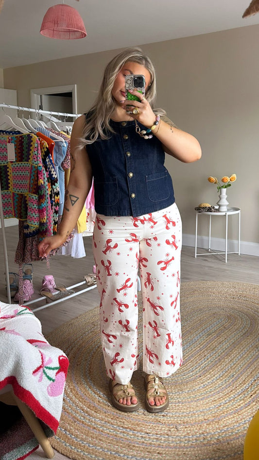 Cream Lobster Print Cropped Jeans