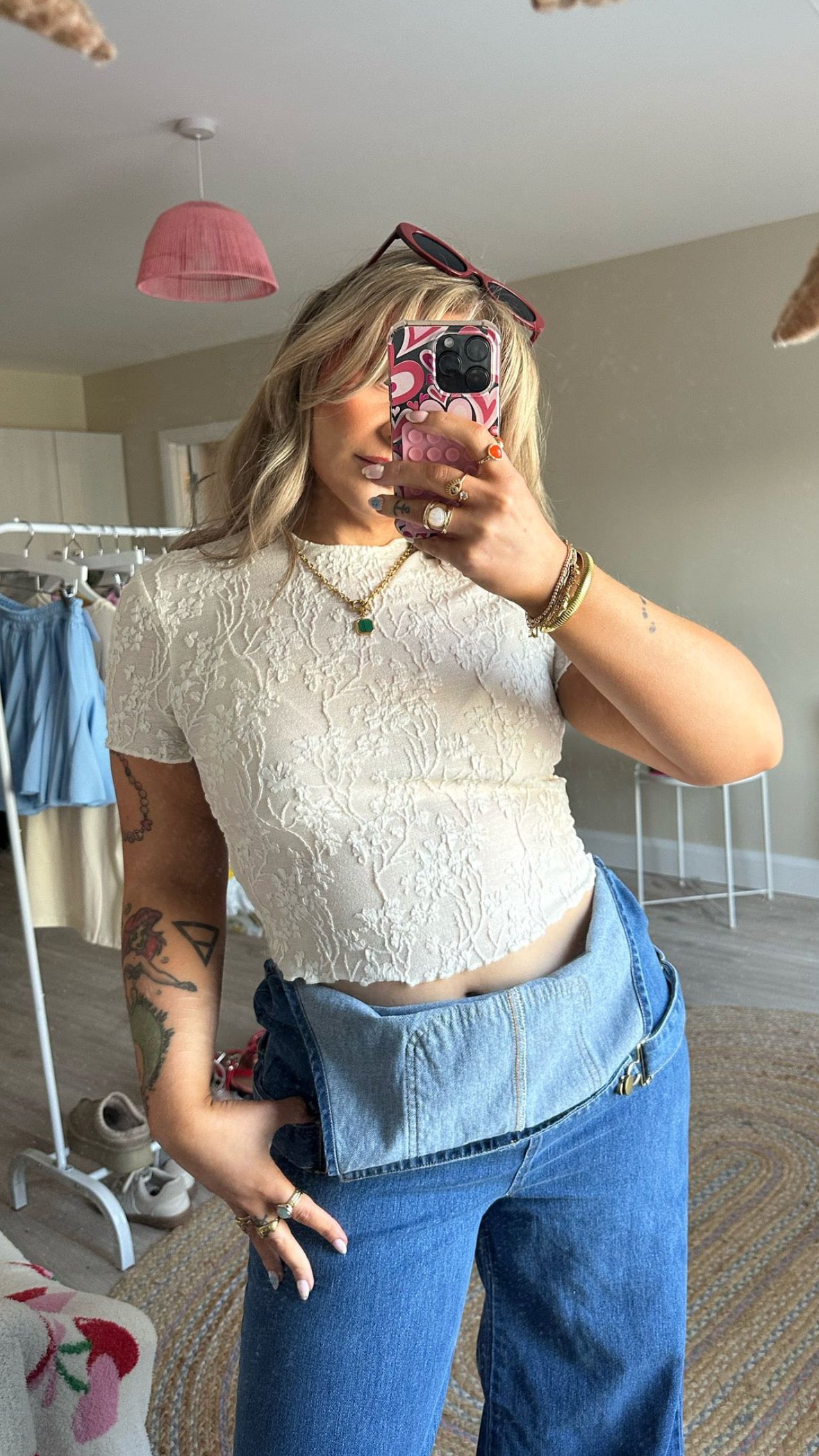 Floral Embossed Mesh Short Sleeve Top