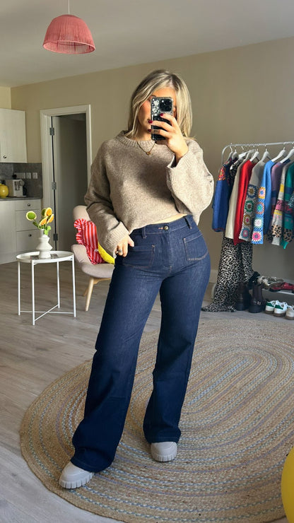 High Waisted Front Pocket Jeans In Dark Indigo