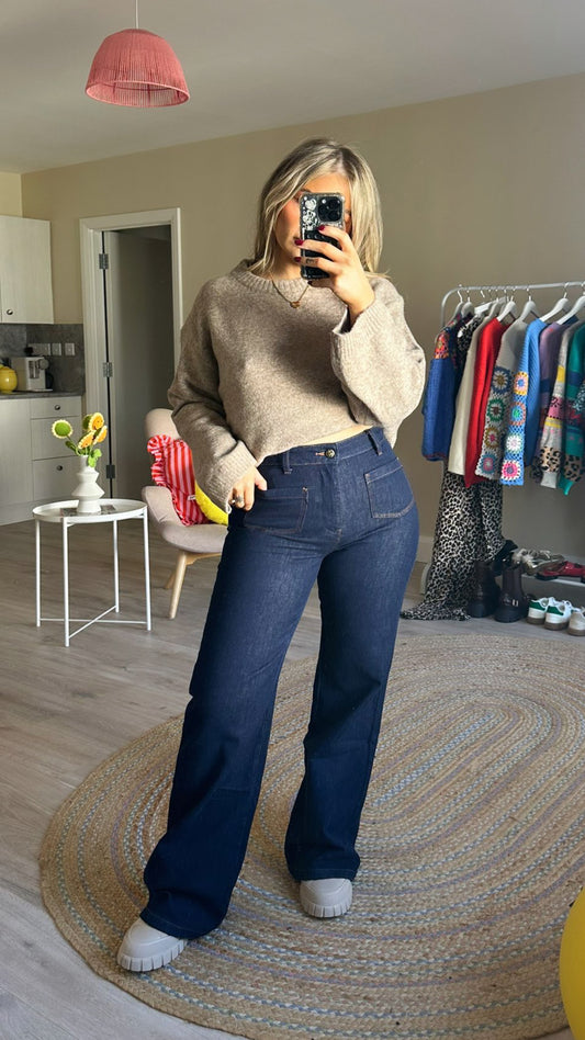 High Waisted Front Pocket Jeans In Dark Indigo