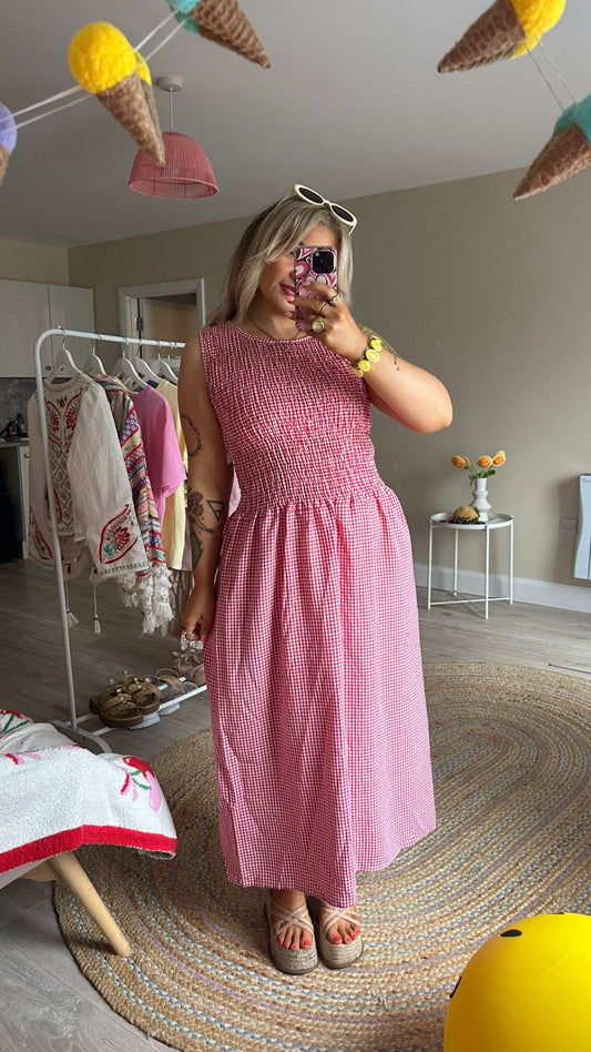 Red Ruched Top Midi Dress
